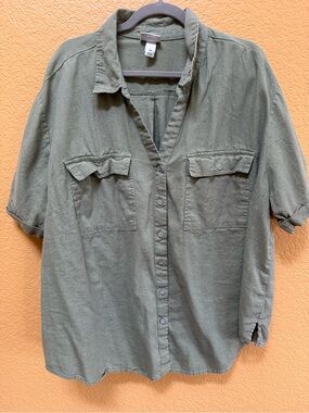Ava & Liv Olive Green Linen Button-Up Plus Shirt 3X